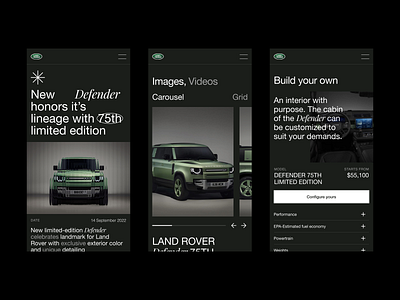 The Defender 75th Limited Edition - Mobile Website 🚗 brutalism car commerce defender design e commerce flat gallery landing page landrover minimal mobile neobrutalism page rwd shop ui ux website