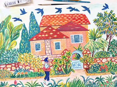 Little house art children book drawing gouache hand drawn house illustration painting