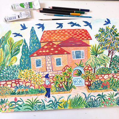 Little house art children book drawing gouache hand drawn house illustration painting
