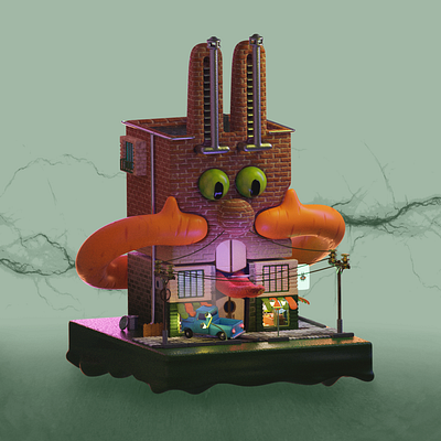 Rabbit-building character 3d 3d design brick building car carrot character design digital art green illustration light orange rabbit street texture truck