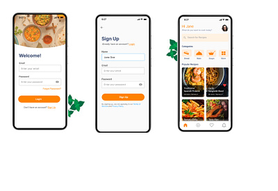 RecipeBox App - Login, Sign Up & Home Screens android app ui create design email forgot password home app screen home screen ios login mobile mobile app ui mobile design mobile ui password recipe app ui sign up ui uidesign welcome