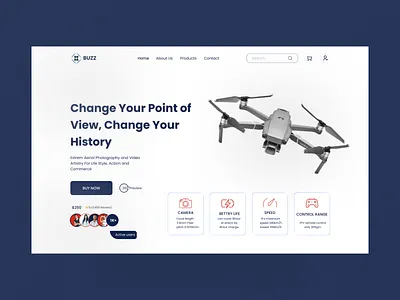 BUZZ-Drone Website Landing Page Header UI Design. aerial branding camera dark dji dji air dji mavic drone drone camera drone shot drone ui drone website fly hero section landing page mavic quadcopter visual design web design website