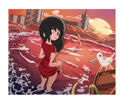 brave one adventure anime cartoon cg city digital art dress girl illustration procreate red sea seagul sunset