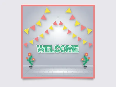 Room sun card with welcome banner 3d text effect background living
