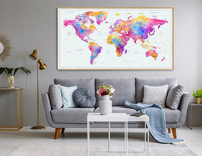 Abstract Bedroom World Map Print Poster, Watercolor Wall Decor