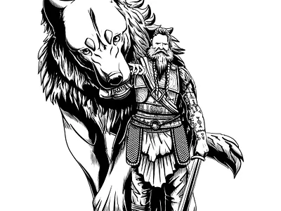 Tyr and Fenrir art character concept illustration