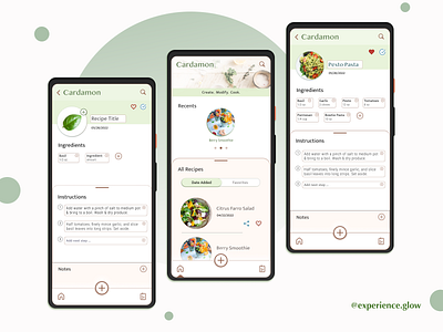 Cardamon // Recipe Mobile App android app design cardamon recipe app cardamum app carousel emphasis footer navigation hifi prototype hire me information architecture interaction design interaction designer mobile app design recipe app recipe writer text field textfields user centered ux design ux designer ux ui