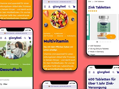 Shopify Plus relaunch for a market leader: Gloryfeel active lifestyle beauty bold colors palette branding colorful design commerce e commerce food supplements health online shop positive vibes shopify ui ux vitamins web design