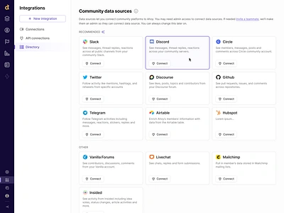 Integrations Directory - Direction cards community platform connections data sources directory figma grid hover effect integrations minimal product design purple saas sidebar ui design ui ux web