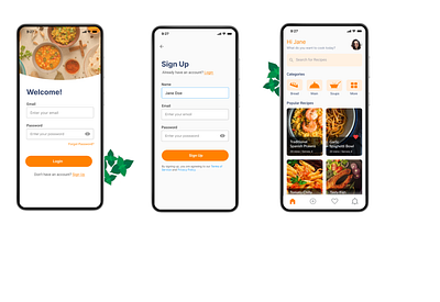 RecipeBox App - Login, Sign Up & Home Screens android android app ui dailyui dailyui001 dailyuichallenge design food app home home ui ios login login ui mobile app ui mobile design mobile ui recipes app sign up sign up ui ui uidesign