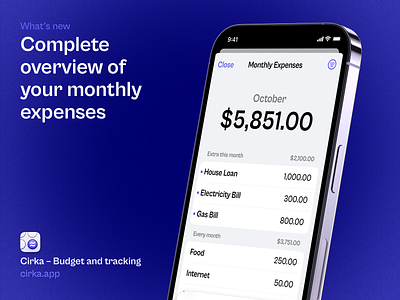 Cirka — Monthly Overview app budget calendar expenses finance highlight mobile money month notification sections statistics view