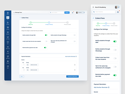 Fee Feature (Collect Fees - Settings) Design configure dashboard fees product design settings user flow