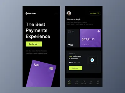 Luminous: Mobile App, Identity, Website, Fintech, Landing application bank card banking branding card design credit card finance fintech fintech app hero section ios neon neopop pop savings tech user interface web design