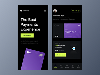 Luminous: Mobile App, Identity, Website, Fintech, Landing application bank card banking branding card design credit card finance fintech fintech app hero section ios neon neopop pop savings tech user interface web design