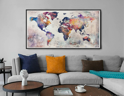 Push Pin World Map Wall Art Poster, Mid Century Modern Style