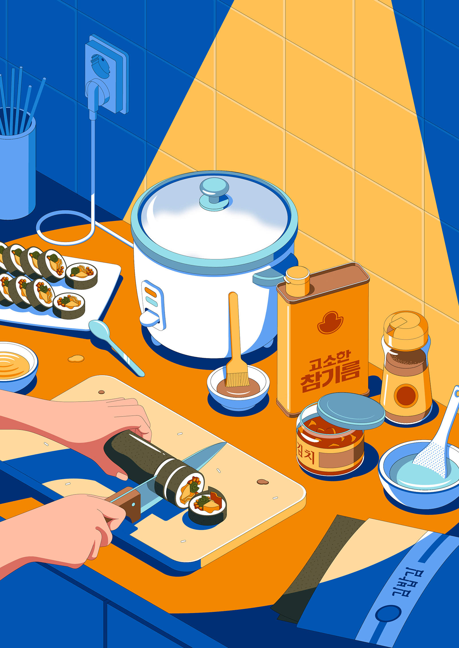 Style study: Making Gimbap contrast food illustration isometric kimbap kitchen korea korean mood shadows
