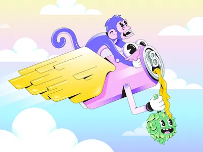 Adventures of the Hop Hero beer branding can clean clouds design illustration label logo monkey sky vector