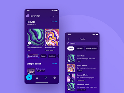 Lavender - Mobile App Design app application brand development digital lavender graphic design illustration lavender mobile app mobile screen music music app naturesounds purple relax app sounds ui uidesign ux uxdesign