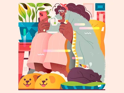 Under Cover ☕ bird cat character cold cosy dog fashion flat glasses illustration morning phone pillow plant sleep tattoo tea vector warm winter
