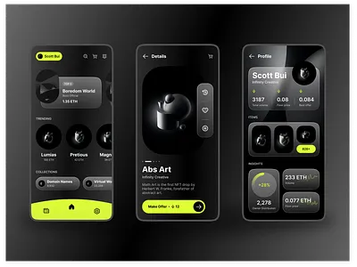 NFT Marketplace App app app design bitcoin black blockchain card clean concept crypto cryptocurrency dark elegant ethereum marketplace mobile nft trade ui uidesign ux
