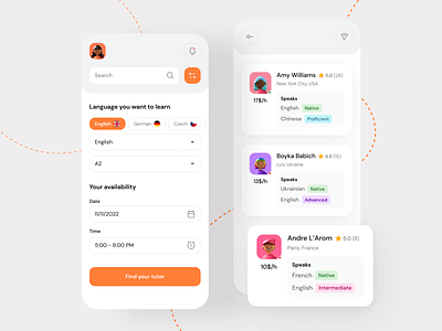 Language Tutor Mobile App 🇬🇧 app app design application design lang language learn mentor mobile mobile app design mobile design mobile ui mockup orange teacher ui ui design uiux user interface ux