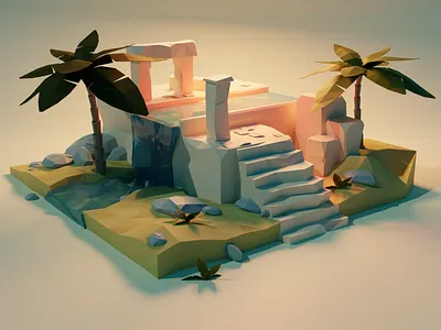 Ruins 3d blender isometric landscape palm trees ruins stone tiny scene