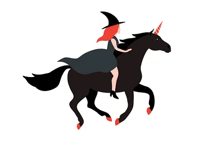Witch on a unicorn animal fairy tale fall flat design girl halloween horse illustration magical october running season spooky trendy unicorn wild witch woman
