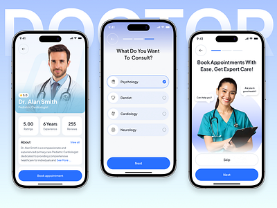 Doctor Appointment Mobile App Design digitalhealthcare doctorapp doctorappointmentapp healthappui healthtech medicalbooking onlinedoctorbooking telehealth telemedicine