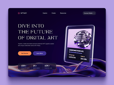 Digital art marketplace landing page 3d abstract animation art blender card collector crypto dark digital glass landing liquid marketplace metal motion graphics nft