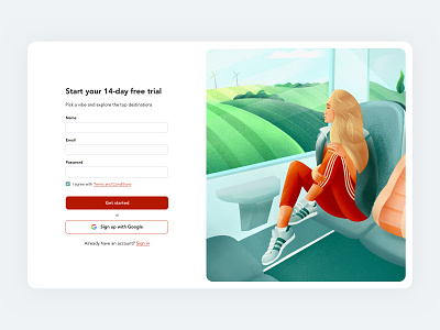 Sign up screen booking create account flight google illustration log in product design saas saas app sign in sign up train travel traveling web