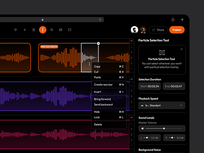 Podcast Editor - Particle Selection analyze audio audio editor dark dark theme dashboard design dropdown edit editor interface panel select selection settings sidebar tool ui ux