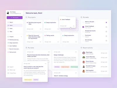 Note-taking app dashboard design dashboard desktop folder gradient notes pastel colours projects research task management text editor user activity