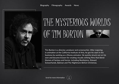Landing page concept about Tim Burton biography page design concept hero block heropage landing page tim burton ui design