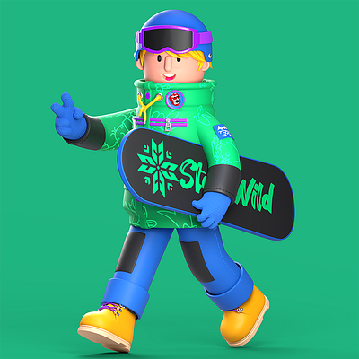 Happy attractive snowboarder walking with snowboard 3d active freestyle graphic design hobby outside snowboarder sport sportsman