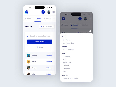 Shelter Buddy • Animal Search admin animal button dashboard drawer filter menu mobile modal navigation overlay painel pet responsive search table tabs