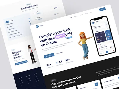 Creatz - Task Management Landing Page 3d benefit clean faq features landing page project management services task management ui ux web design website work