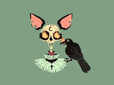 Hello Kitty cat crow flat halloween illustration procreate skull