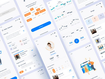 Vocalize app for better singing skills android app application blue dashboard design education educational illustration ios learn learning menu mobile orange profile sing singing ui vocal
