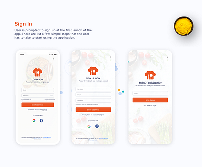 Sign In screens of Myfoodpad recipe app app design design figma illustration mockups ui ui design ui ux visual designs