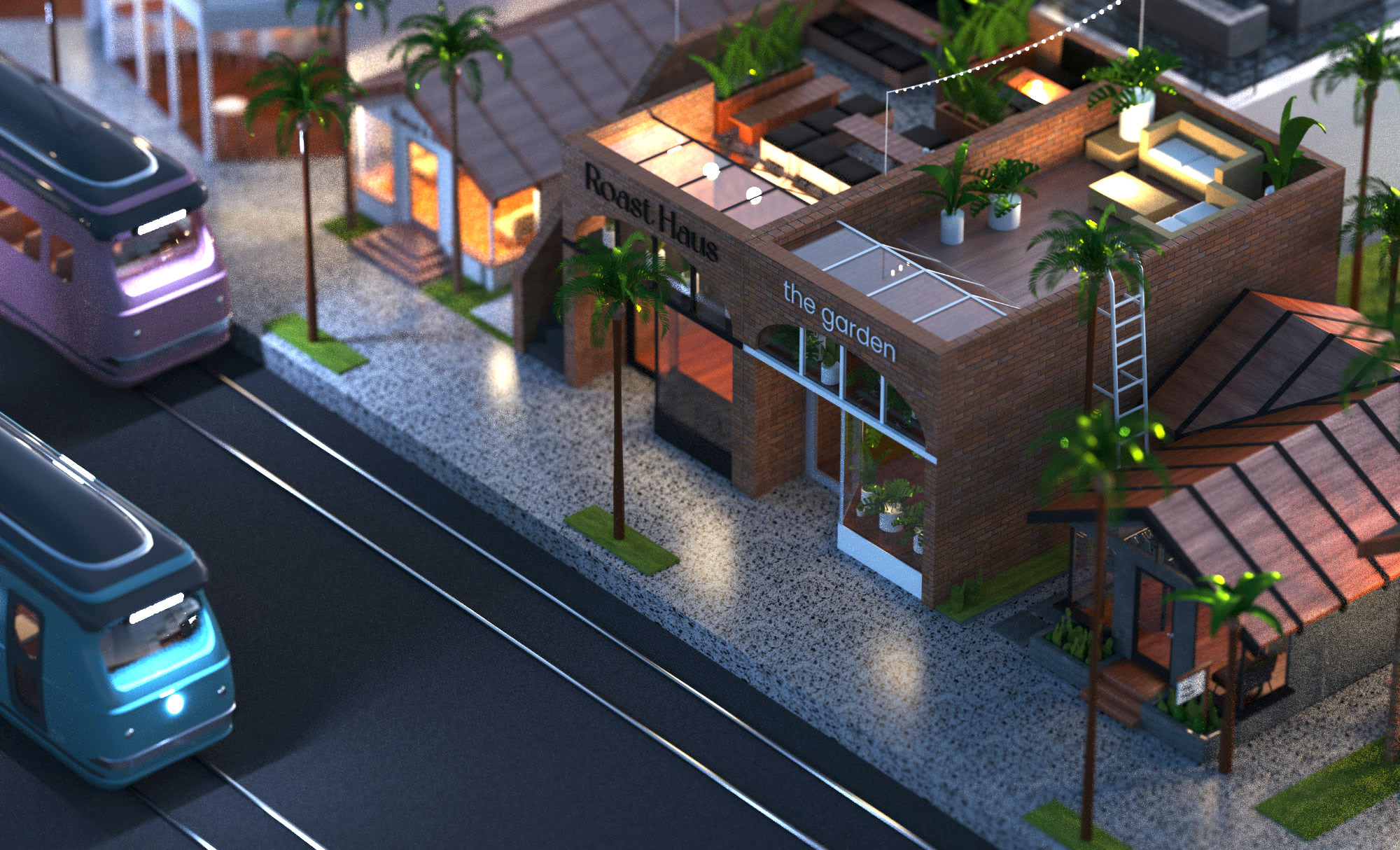 Lemon Grove – Night shots 3d c4d cinema4d city octane street streetcar train tram