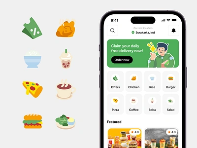 Delifood - Food Delivery UI Illustration 🍔 app illustration app logo boba branding burger delivery driver driver illustration food food delivery green app green illustration icon illustration iphone14 landing page illustration pizza saas ui voucher