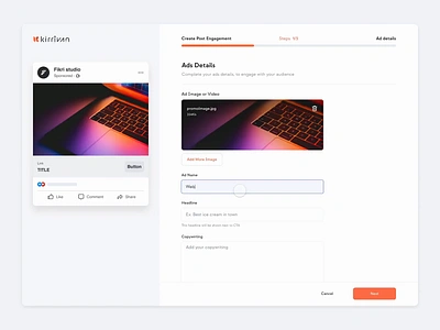 Kirrivan SaaS CRM - Create Ads/Post Engagement flow ad ads animation crm dashboard design engagement facebook flow hrm interaction management pipeline post product design saas sales social media ui ux