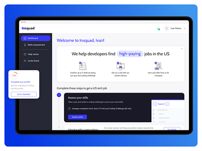 Skill Assessment Dashboard admin app b2b business crm dashboard developer employees hire interface light mvp platform product design saas service software startup tech turing