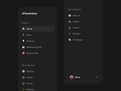 Sidebar Navigation | Bandcamp apple music bandcamp music app navigation product design sidebar spotify ui ux