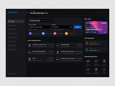 Transaction Web App - Dark Mode dark darkmode dashboard dashboarddesign design figma money pay payment transaction ui ux uxui webdesign