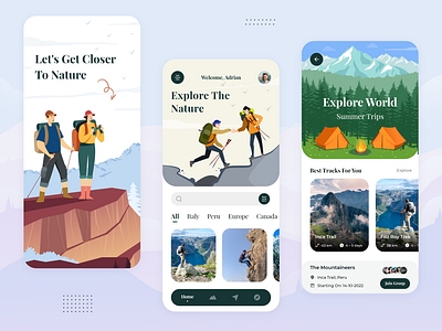 Hiking App adventure booking camp camping climbing community destination forest hiking mount mountain nature sky track travel app traveller trip ui uiux vacation