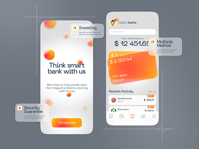 Digital banking app activity air balance balls banking check debit card design digital glass lines main screen mobile app orange search start screen tab bar typography ui ux