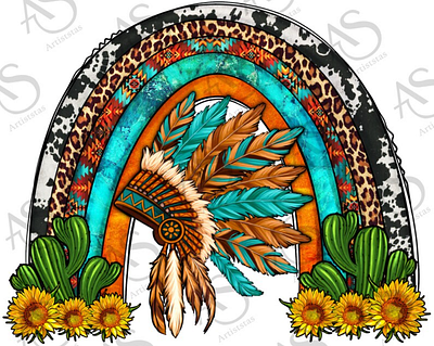 Indian Headdress Cactus And Sunflowers Rainbow Png 3d animation app branding design graphic design illustration logo ui vector