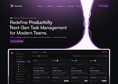 Dothetask - SaaS Landing Page Hero Section button clean dark mode dashboard futuristic glow kanban landing page levian navbar neon product project management purple saas table task list task management web design web design inspiration