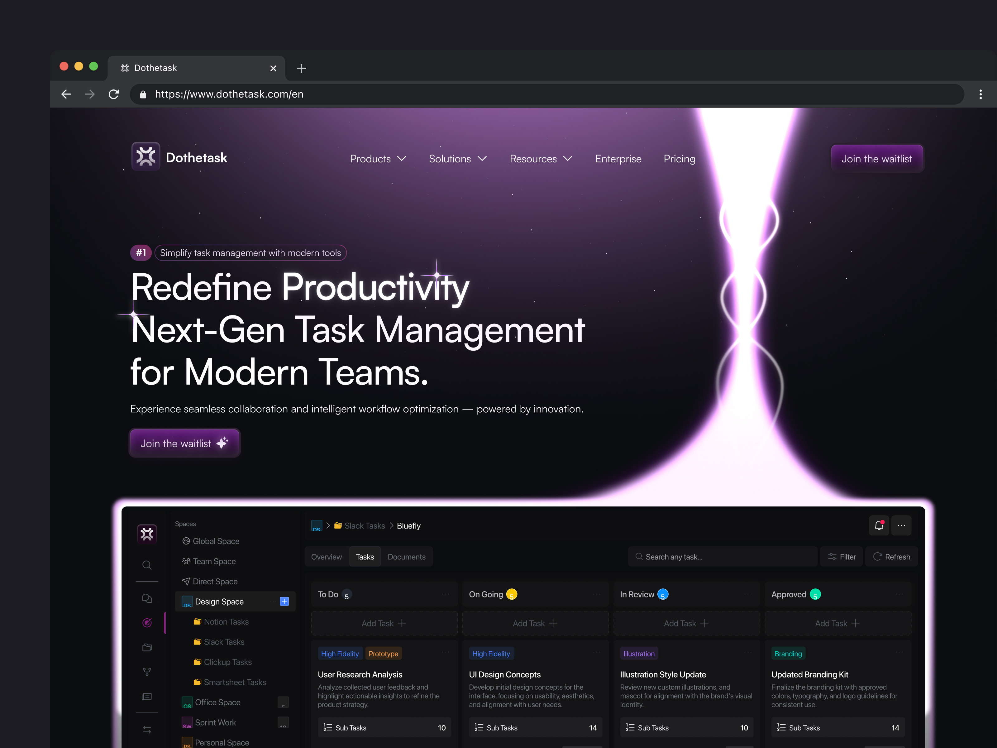 Dothetask - SaaS Landing Page Hero Section button clean dark mode dashboard futuristic glow kanban landing page levian navbar neon product project management purple saas table task list task management web design web design inspiration